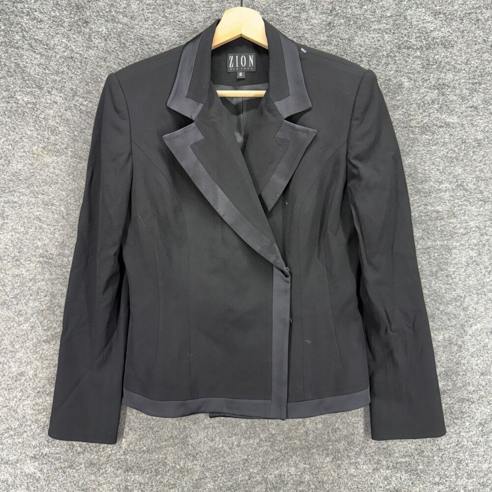 Zion Blazer Women 6 Black Collared Long Sleeve Button Up Lined Classic Fit